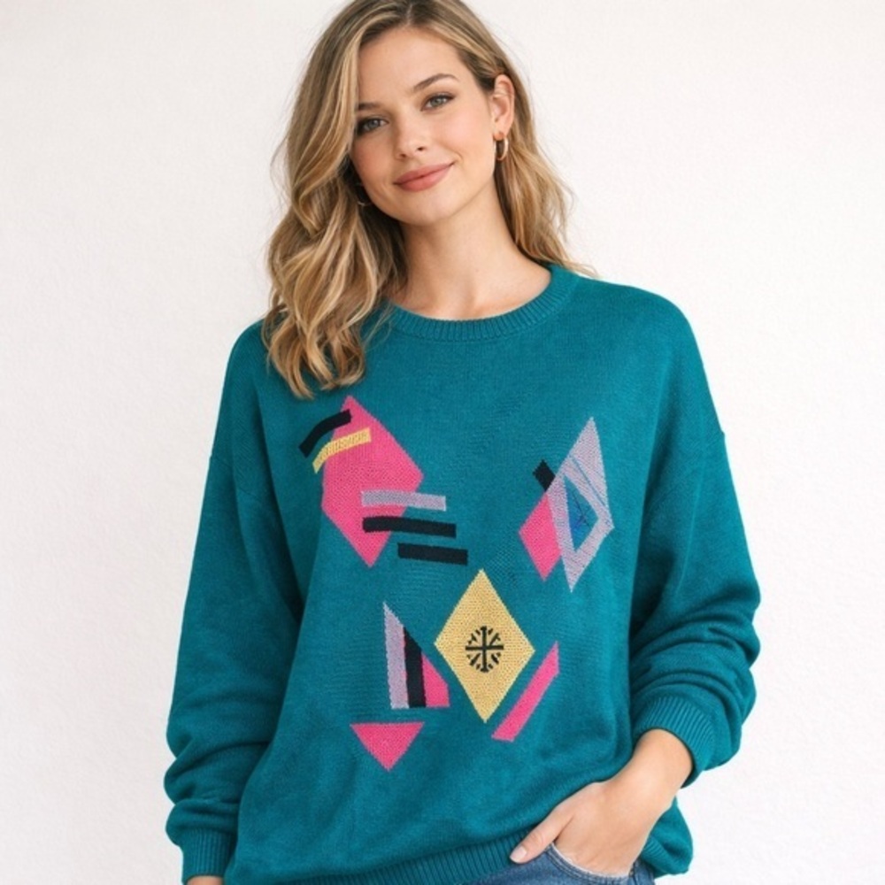 Vintage St. Croix Art Deco Sweater Large 80s Luxury Knit Teal Abstract USA